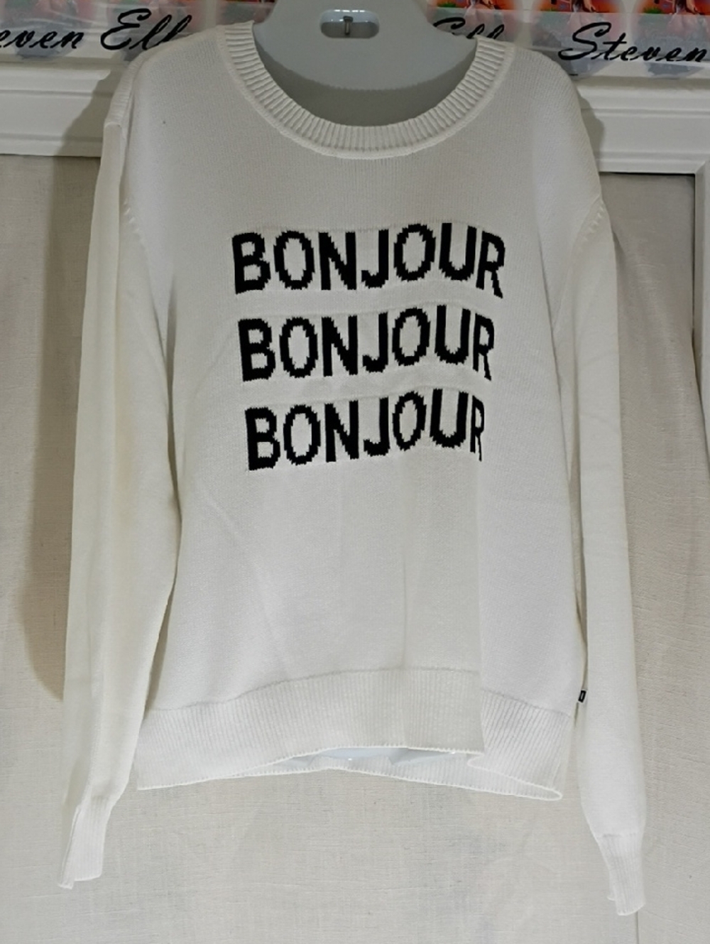 Karl Lagerfeld White Sweater with Black BONJOUR Text
